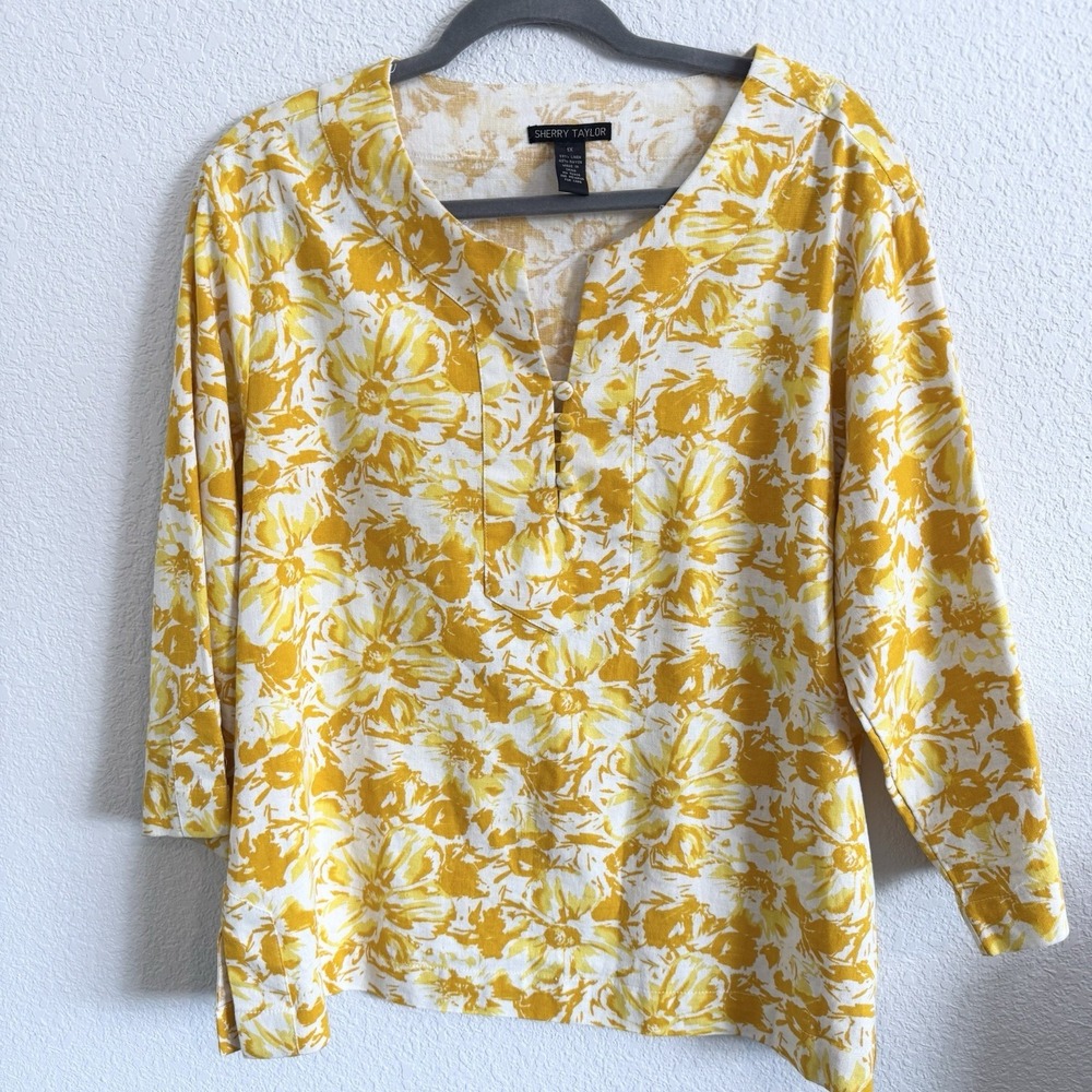 Sherry Taylor Linen Blend Tunic‎ Women's 1X Yellow Orange Print 3/4 sleeve